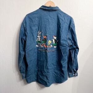 Vintage Warner Bros Marvin The Marten Embroidered Denim Button Down Shirt Large